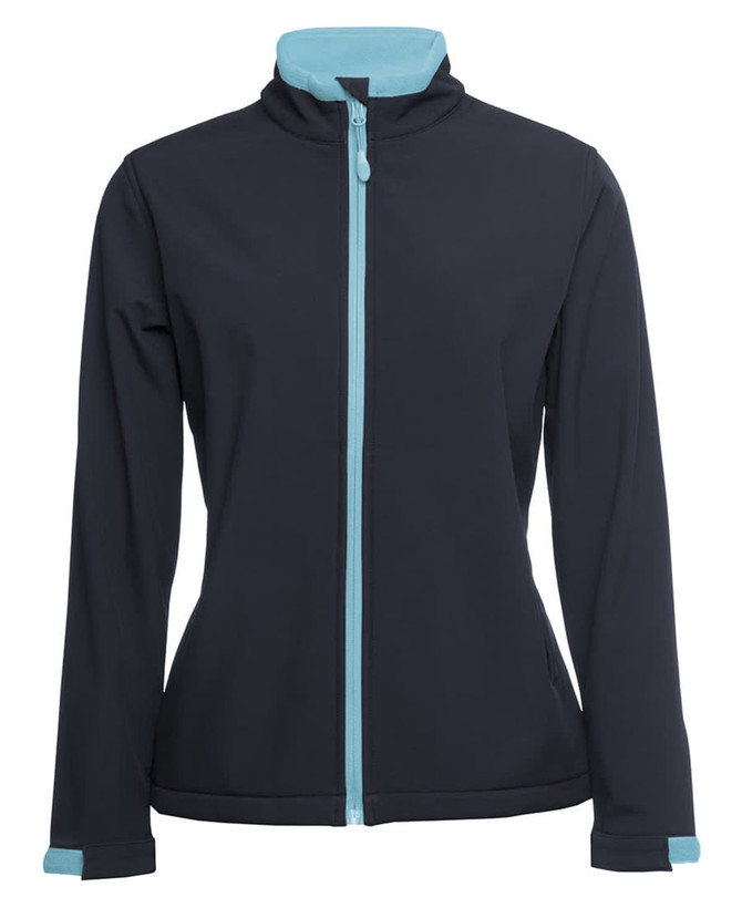 A women's softshell jacket in black with teal accents and a zip front, featuring a logo.