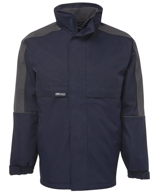 A black and charcoal rain jacket featuring a high collar and elasticised cuffs, with a logo on the front.