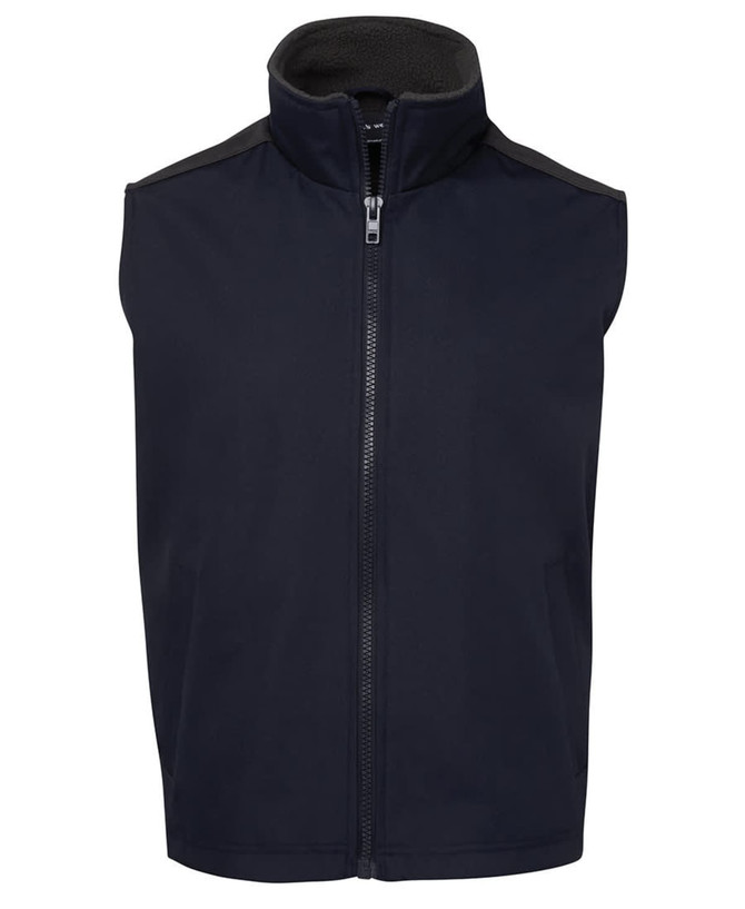 A navy vest with a high collar and zip closure, featuring a soft inner lining and shoulder details.