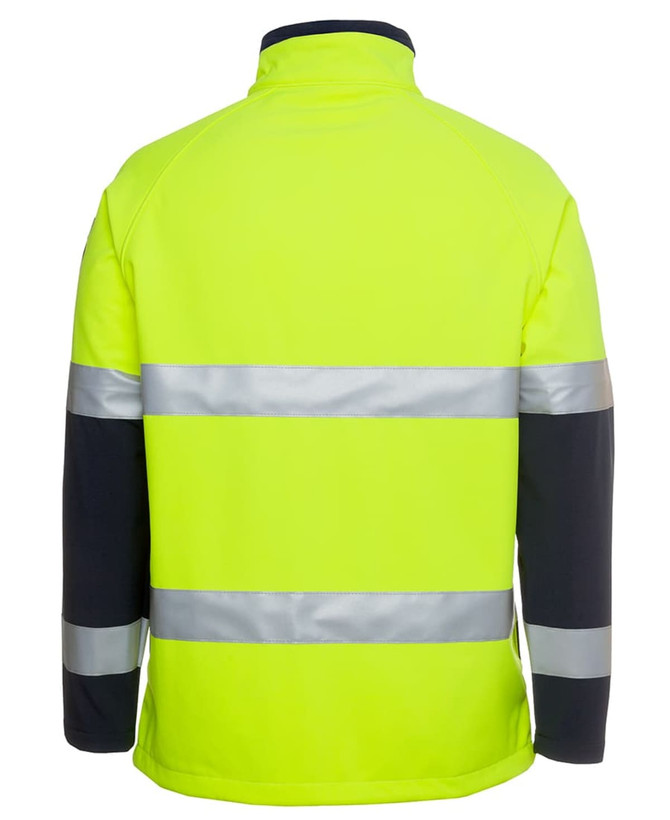 A high-visibility softshell jacket in bright fluorescent yellow with navy sleeves and reflective strips, featuring a logo.