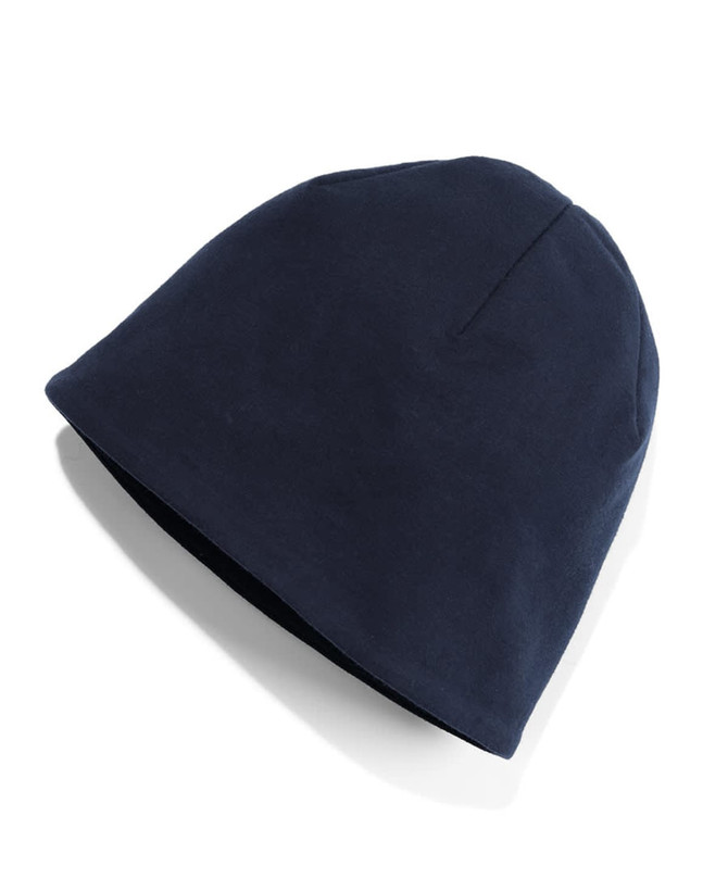 A navy blue knitted beanie, featuring a simple design and a logo. Ideal for casual wear.