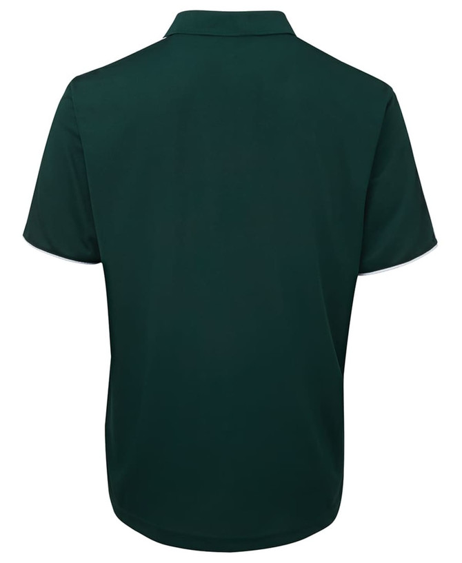 A dark green polo shirt with a collar and short sleeves, featuring a logo on the back.