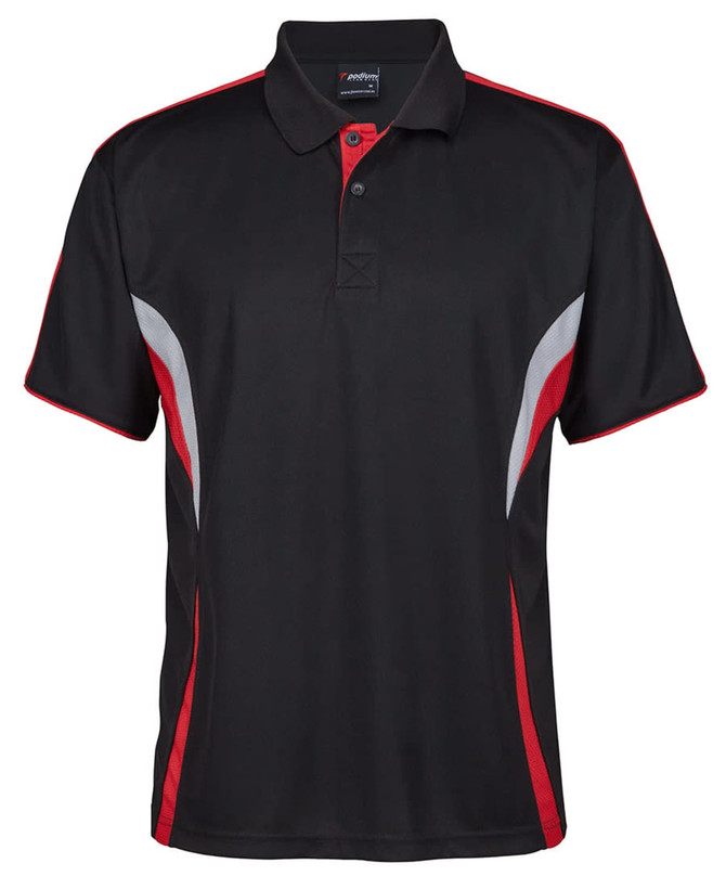 A black polo shirt with red and grey accents, featuring a logo on the chest.
