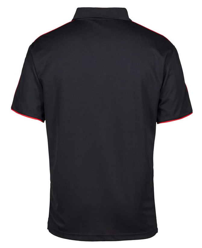 A black polo shirt featuring red detailing and a collar, with a logo on the upper back.