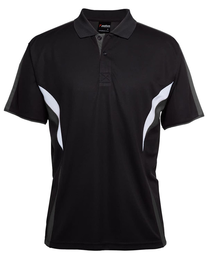 A black polo shirt featuring white accents and a branding logo on the front. Short-sleeved design with a classic collar.