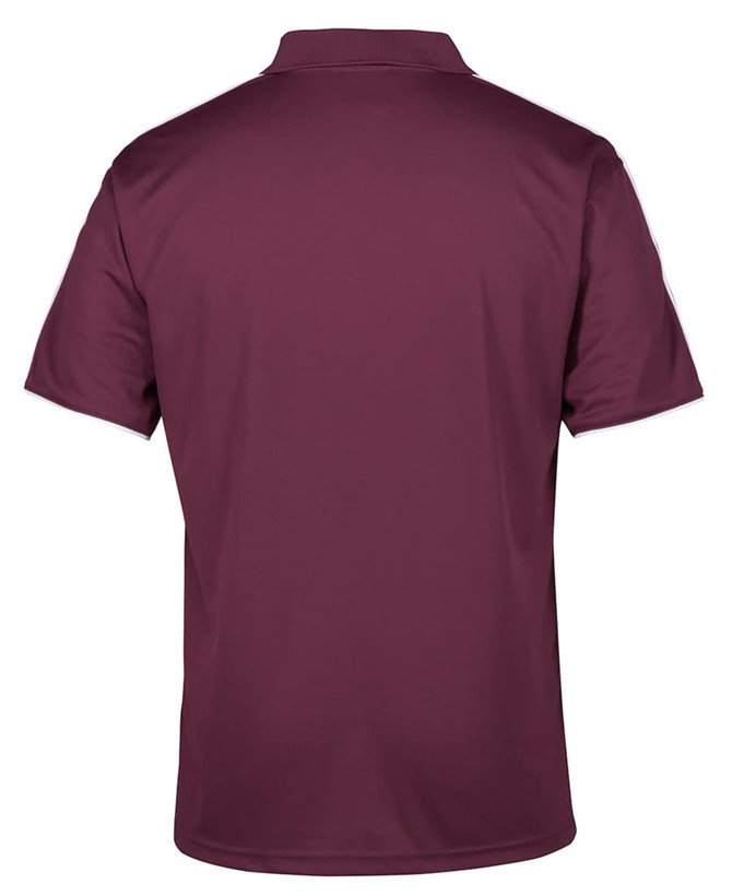 A maroon polo shirt with a collar and a logo on the back. Smooth fabric and regular fit.