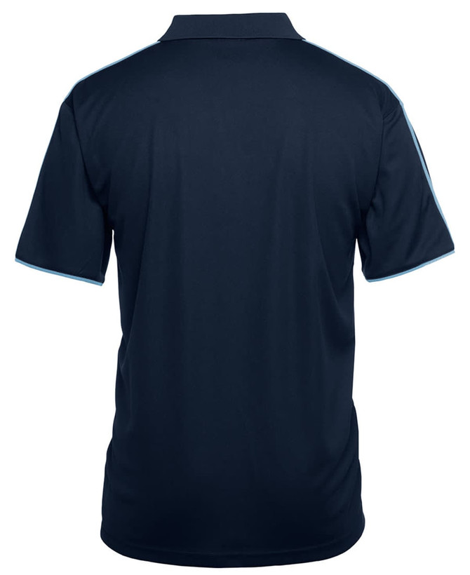A navy polo shirt featuring contrasting light blue trim and a logo on the back. Ideal for casual wear.