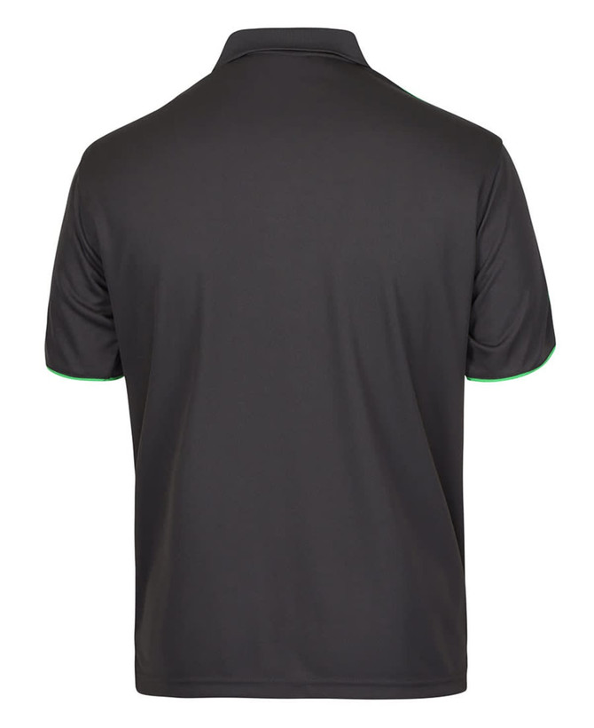 A black polo shirt featuring green accents and a logo on the back.