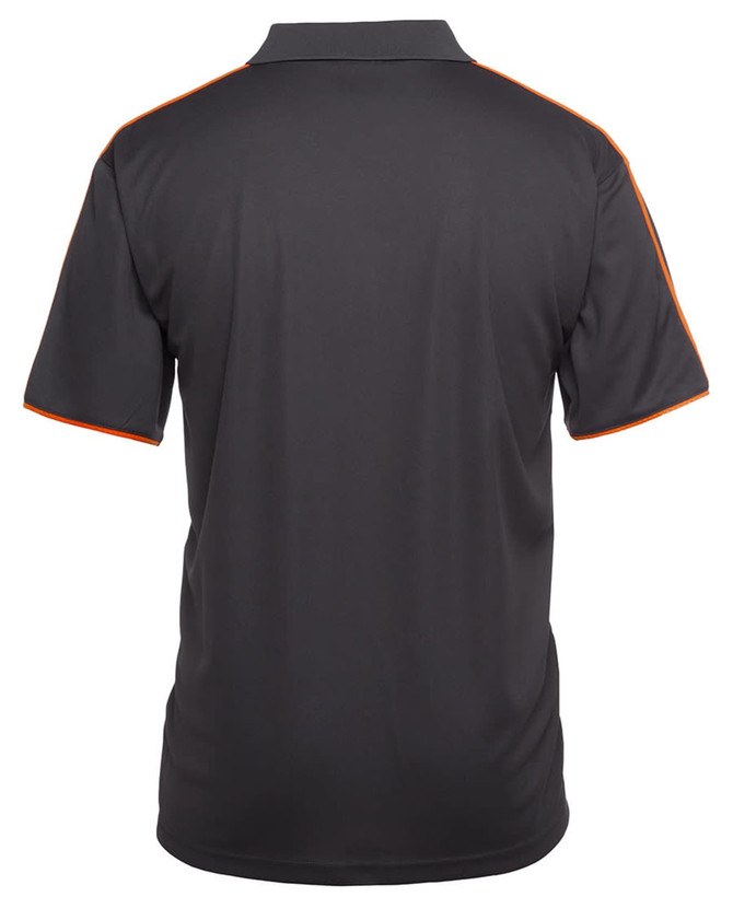 A black polo shirt with orange trim, featuring a logo on the back. The shirt has a classic collar and short sleeves.