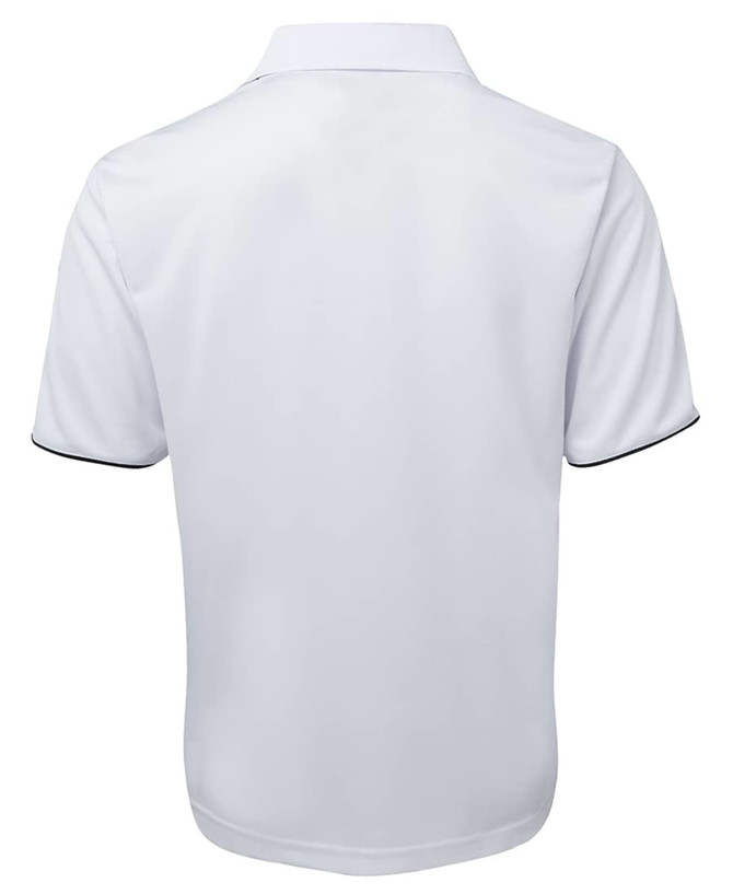 A white polo shirt featuring short sleeves, with contrasting black detailing and a logo on the back.