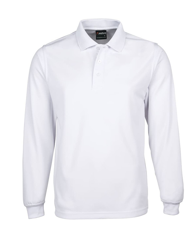 A long-sleeve white polo shirt featuring a collar and buttons, with a branding logo on the chest.