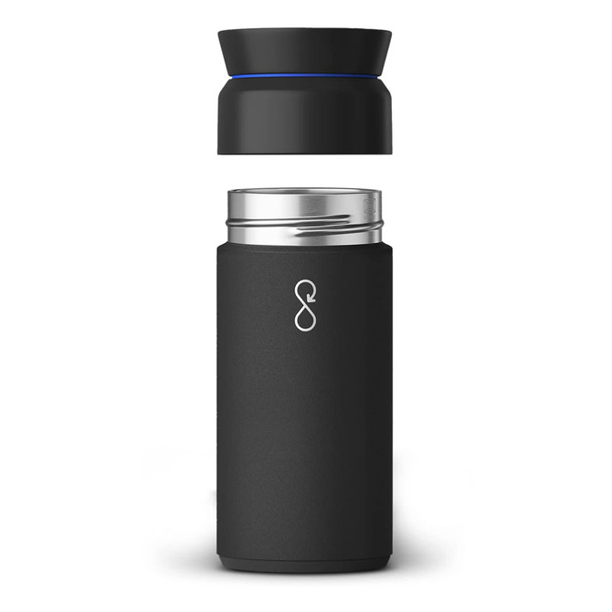 A drink bottle in matte black with a silver stainless steel interior and a separate black lid. Features a logo.