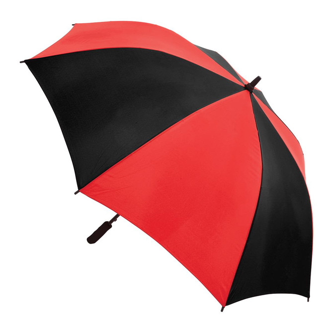 A black and red umbrella with a curved handle, featuring a distinctively divided canopy design.