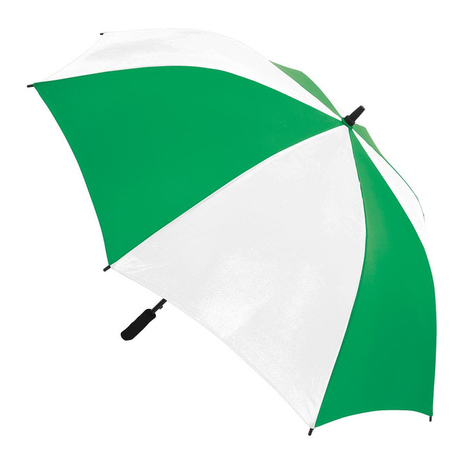 A green and white umbrella with a black handle, featuring a logo on the shaft.