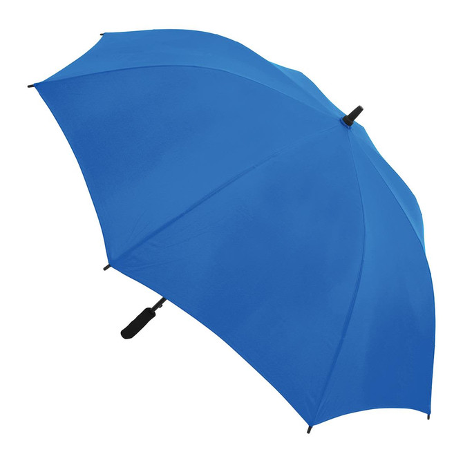 A blue umbrella featuring a sleek design, complete with a handle and a logo.