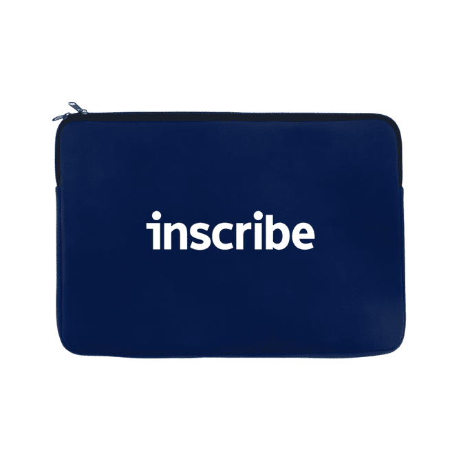 A navy laptop sleeve with a zip closure and a prominent logo on the front.