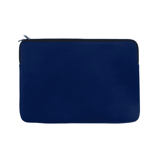A navy blue laptop sleeve with a zip closure, featuring a subtle branding logo.