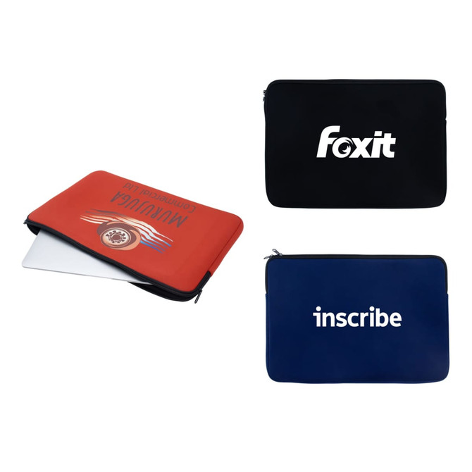 A laptop sleeve in red with a logo, alongside black and navy versions with different logos.