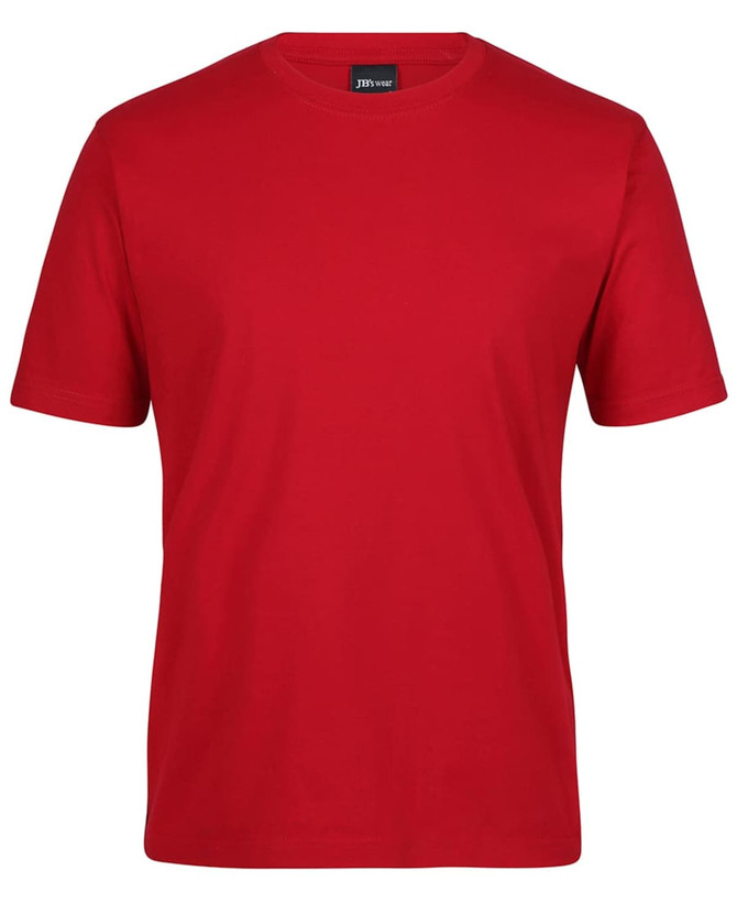 A red short-sleeved t-shirt featuring a logo on the neck. Simple and classic design.