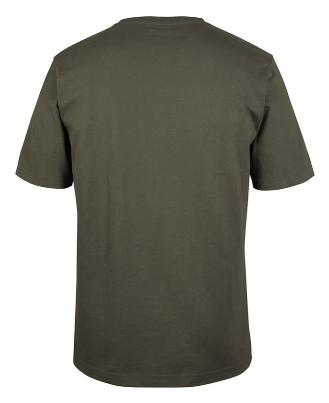 A plain olive green t-shirt with short sleeves and a round neck, featuring a logo.