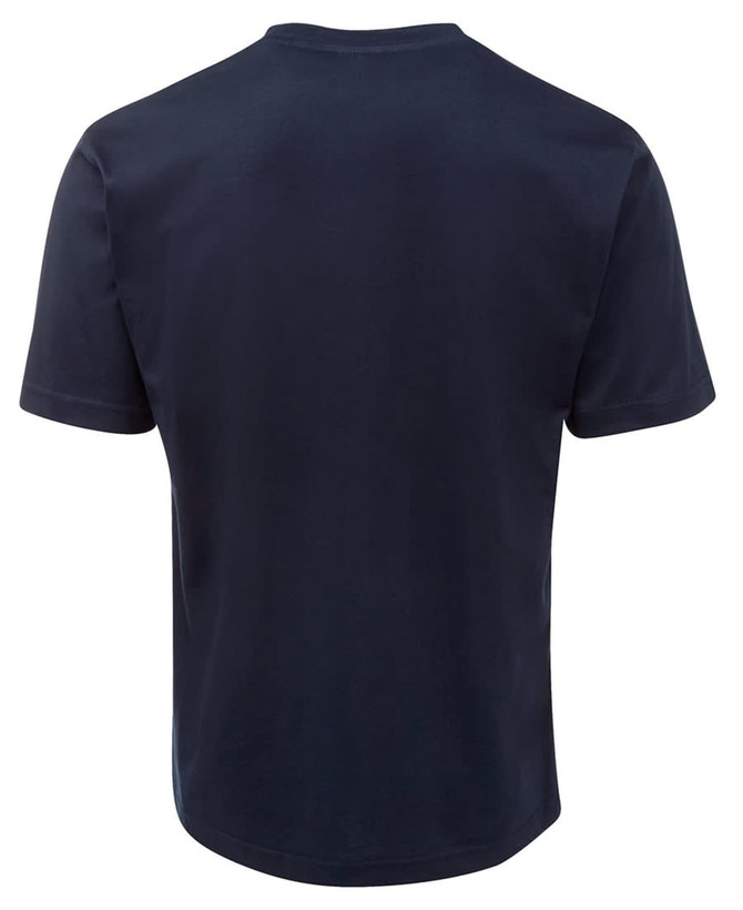 A navy blue t-shirt featuring a simple design and a logo. The shirt has short sleeves and a crew neckline.