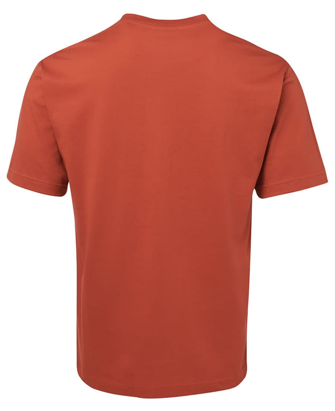 A short-sleeved T-shirt in a rust orange colour, featuring a plain back and a branding label.