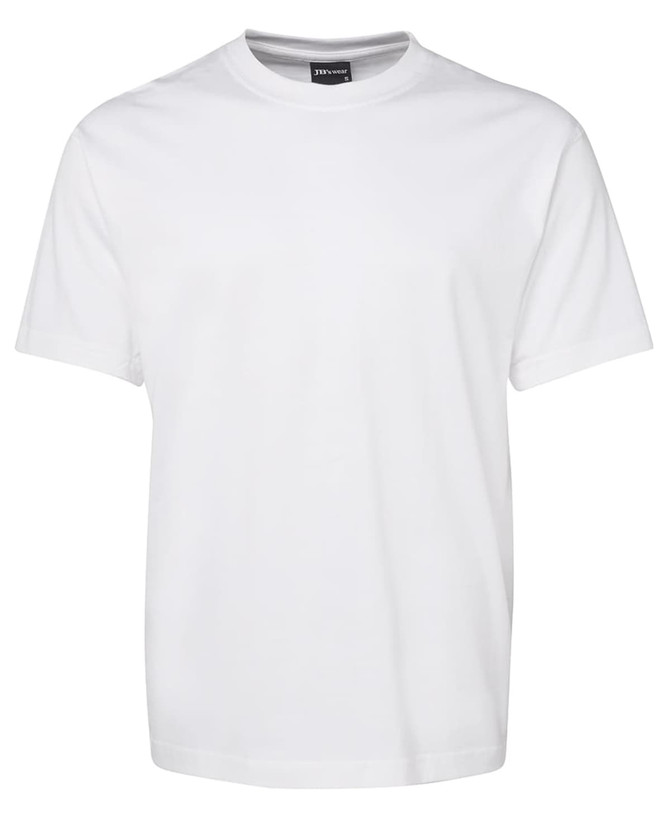 A plain white T-shirt featuring a crew neck and short sleeves, with a logo on the label.