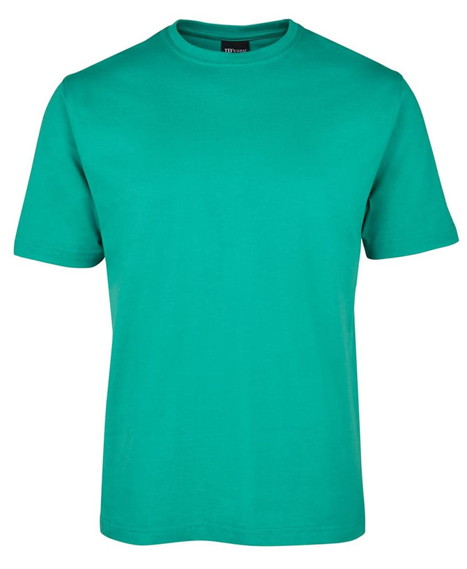 A green T-shirt with short sleeves and a classic crew neck, featuring a logo on the collar.