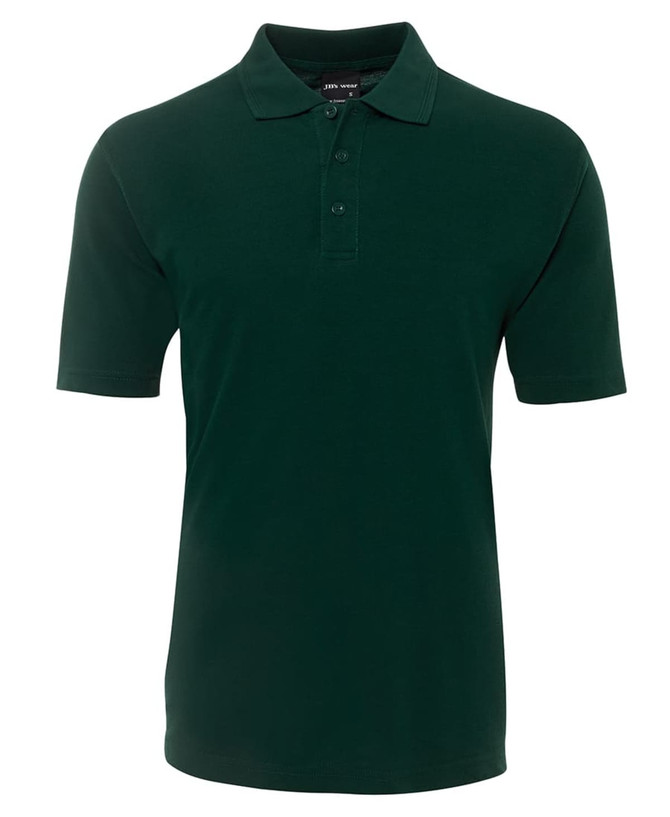 A dark green polo shirt with a collar and button placket, featuring a logo on the chest.