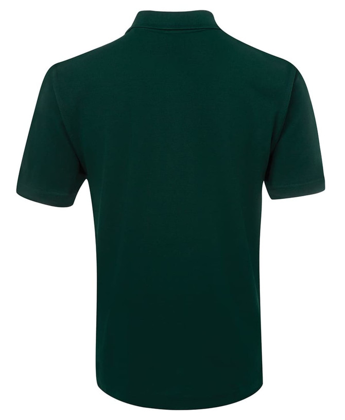 A dark green polo shirt featuring a collar and short sleeves, with a logo on the back.