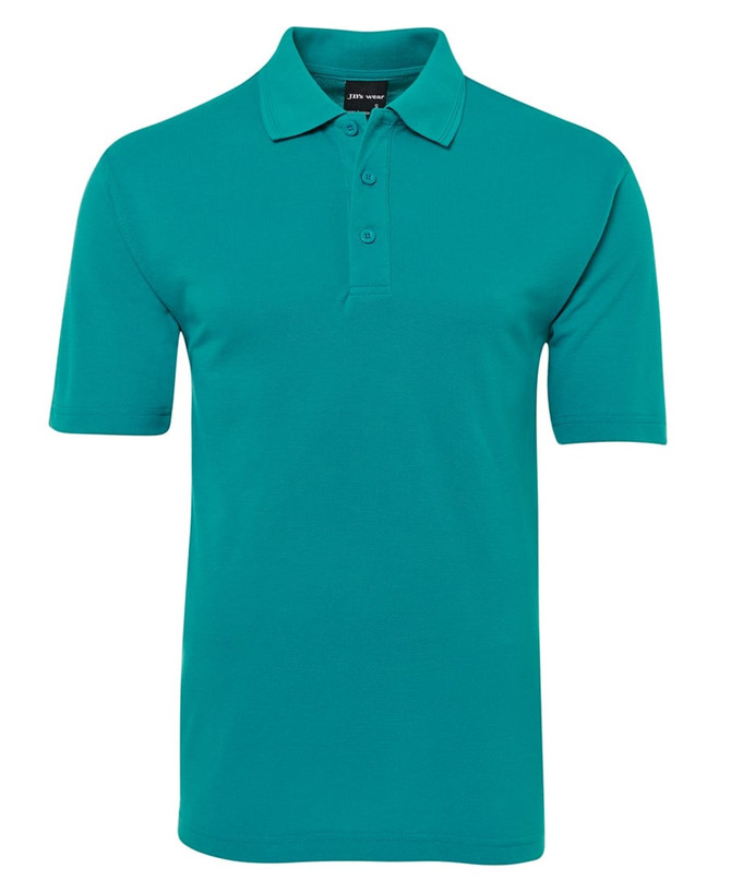 A teal polo shirt featuring a classic collar and three-button placket, with a brand logo on the label.