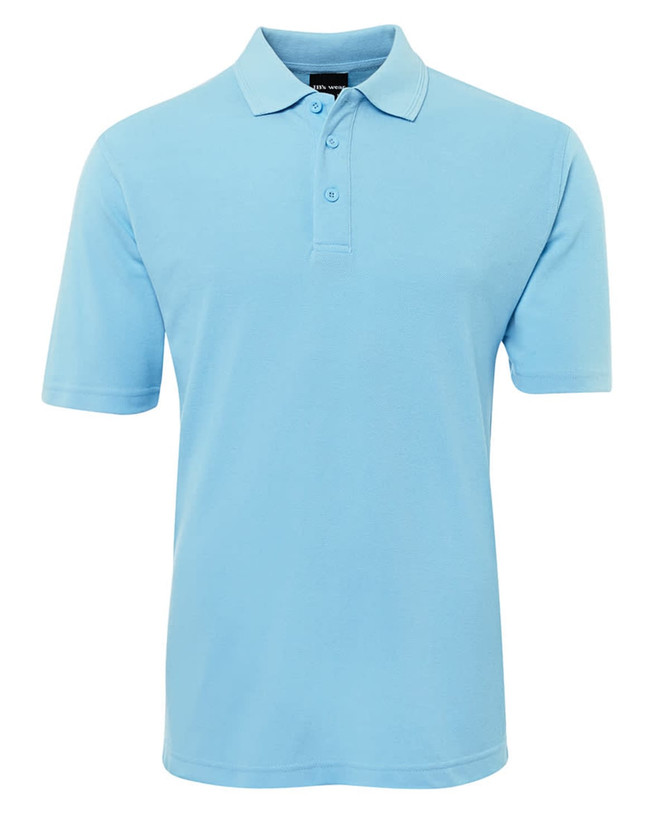 A light blue polo shirt featuring a collared neckline and short sleeves, with a logo on the chest.