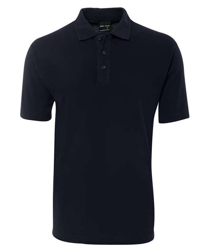 A navy blue polo shirt featuring a collar and three-button placket. It has a logo on the chest.