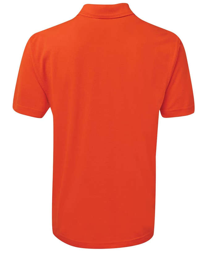 An orange polo shirt featuring a collar and short sleeves, with a branding logo on the back.