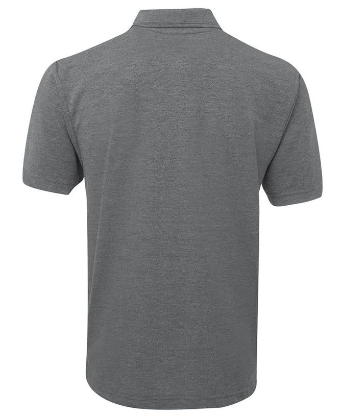A grey polo shirt featuring a collar and short sleeves, with a logo on the upper back.