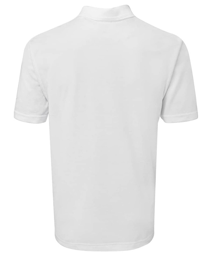 A white polo shirt featuring a collar and short sleeves, with a logo on the back.