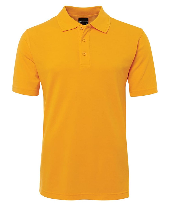 A bright yellow polo shirt featuring a classic collar and three-button placket, with a small logo on the chest.