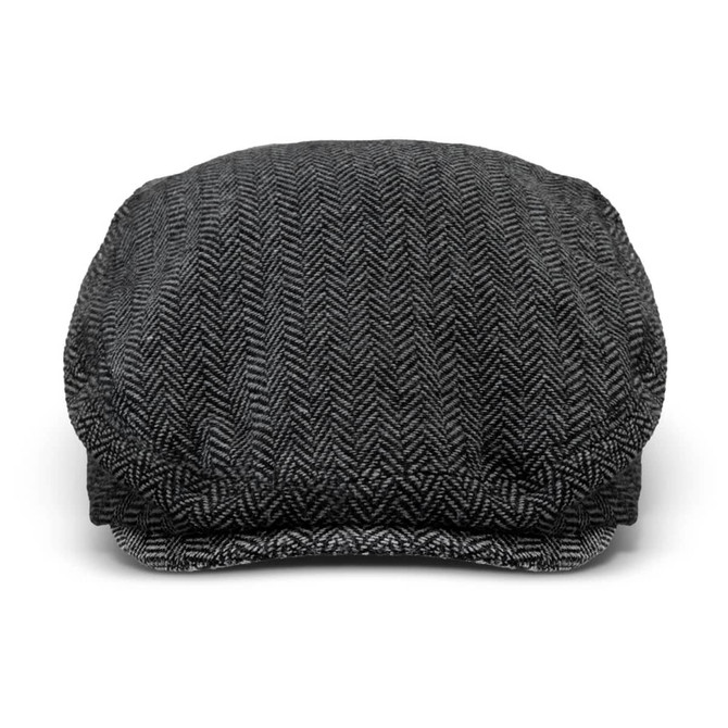 A grey herringbone-patterned flat cap with a rounded top and a small visor. Features a logo on the side.