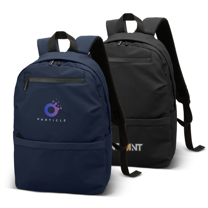 A navy and a black soft touch backpack, both featuring branding on the front and adjustable straps.
