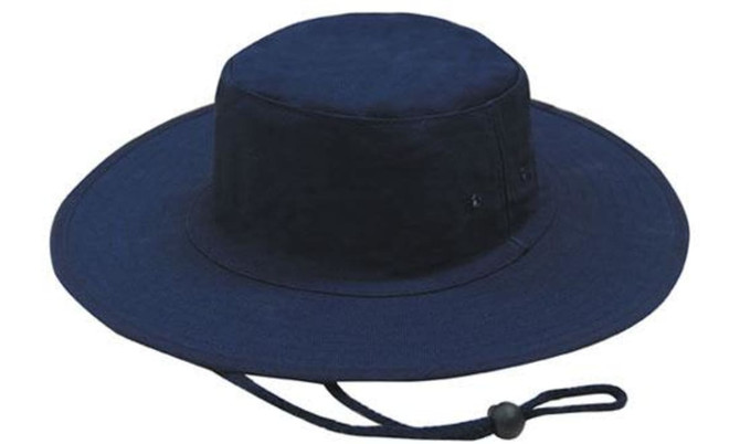 A navy canvas hat with a wide brim and an adjustable drawstring. It features a simple design and has a logo.