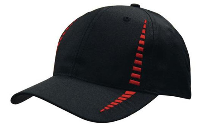 A black cap featuring red stitching detail and a structured peak, with a logo on the side.
