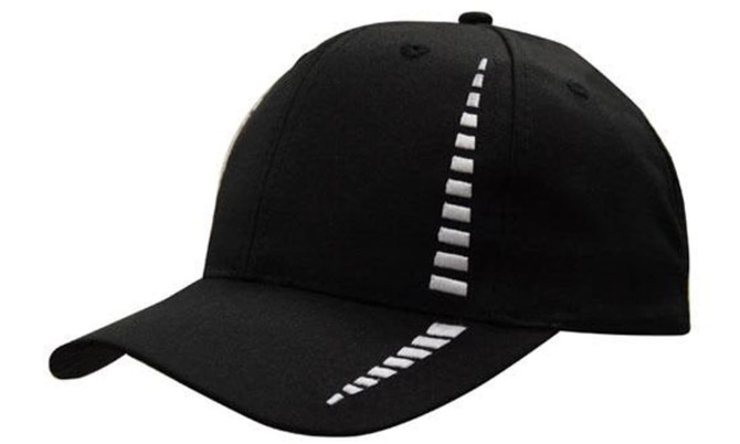 A black cap featuring a distinctive white stripe design, complete with a logo on the front.