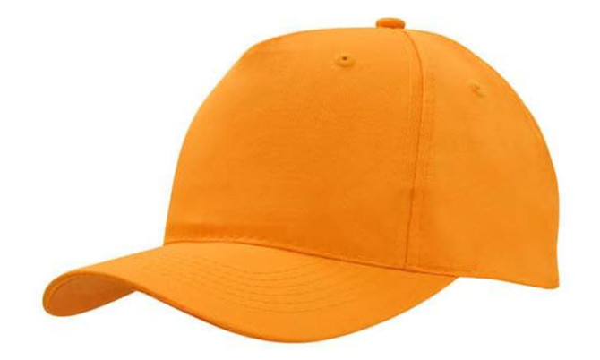 A breathable poly twill cap in vibrant orange with a curved brim and a structured shape. Features a logo on the side.