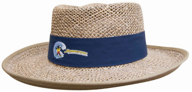 A straw sun hat featuring a wide brim and a blue band, adorned with a logo. The hat is light brown in colour.
