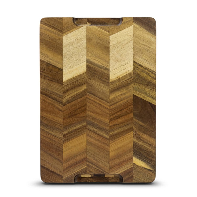 A wooden chopping board featuring a chevron pattern in various shades of brown. It has a logo on the surface.
