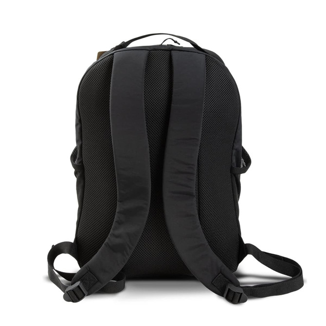 A black daypack with padded shoulder straps and a mesh back for ventilation, featuring a logo on the exterior.