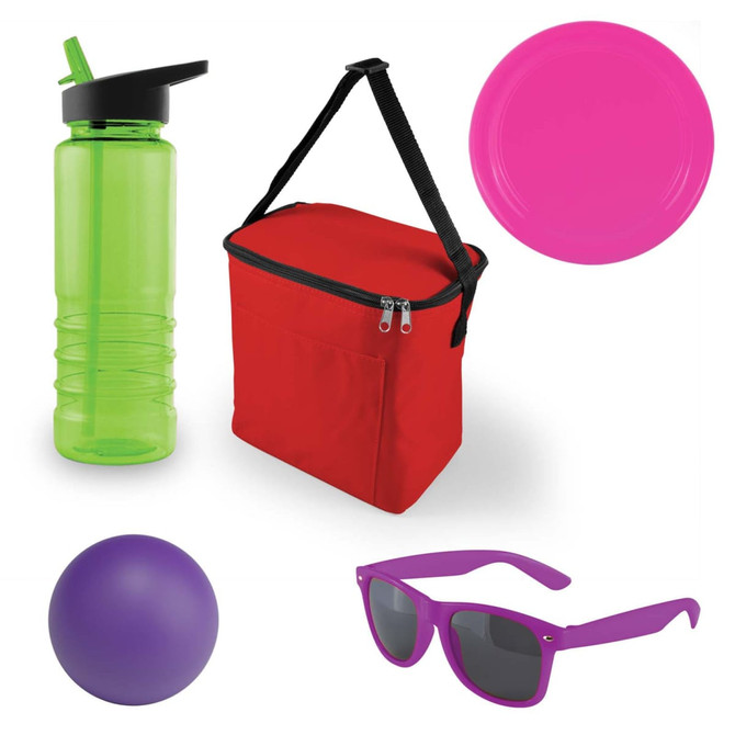 A green drink bottle, red cooler bag, purple ball, pink plate, and purple sunglasses.