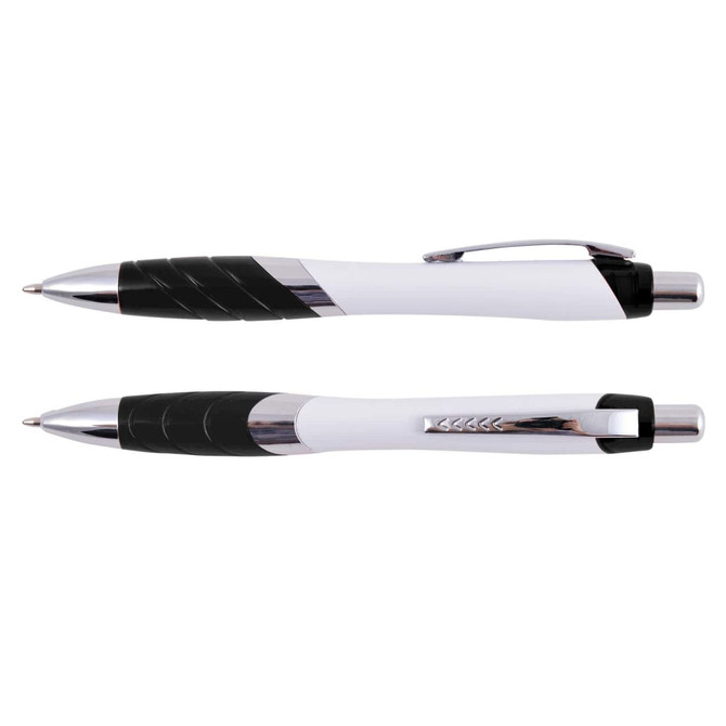 A pair of plastic pens in white and black with chrome accents and a textured grip. One pen features a clip.