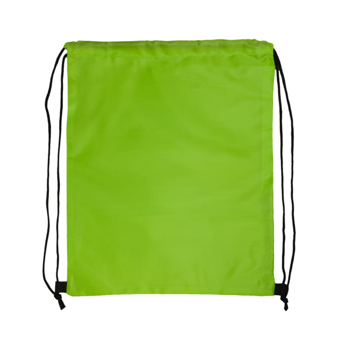 A bright green drawstring backpack with black straps.