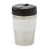 A drink bottle with a stainless steel body, white silicone band, and a black lid. It features a logo on the front.
